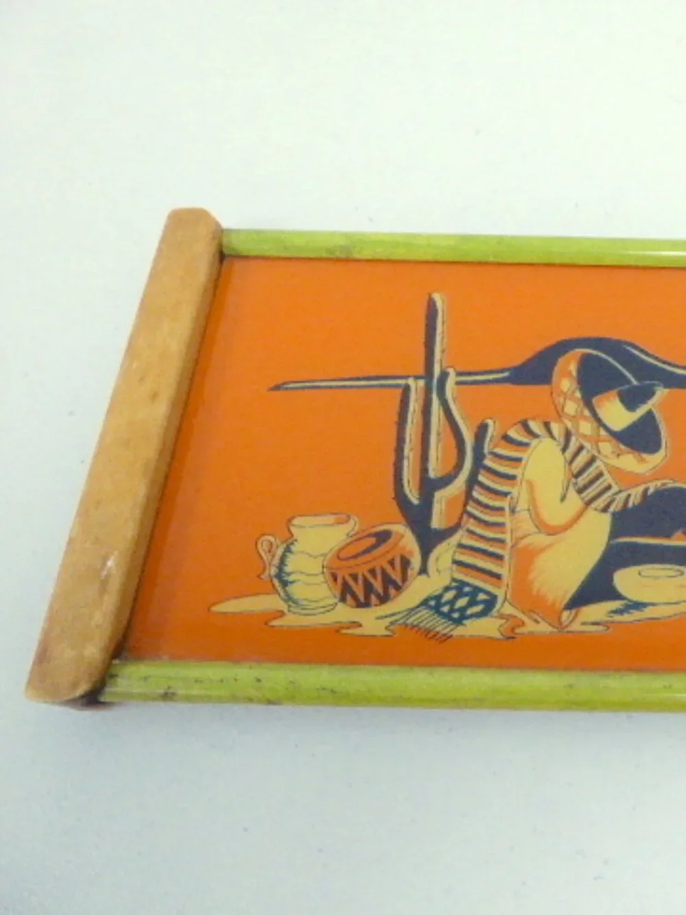 TRAY mid century MCM REVERSE GLASS PAINTED orange Mexico wood vintage - Picture 4 of 12